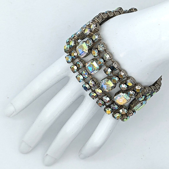 Aurora Borealis Clear Rhinestone Cuff Bracelet 5 Rows Statement Piece 60s 8.75" - Picture 3 of 13